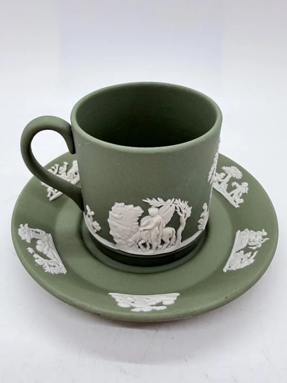 Vintage Wedgwood Sage Celadon Green Jasperware Demitasse Espresso Cup & Saucer